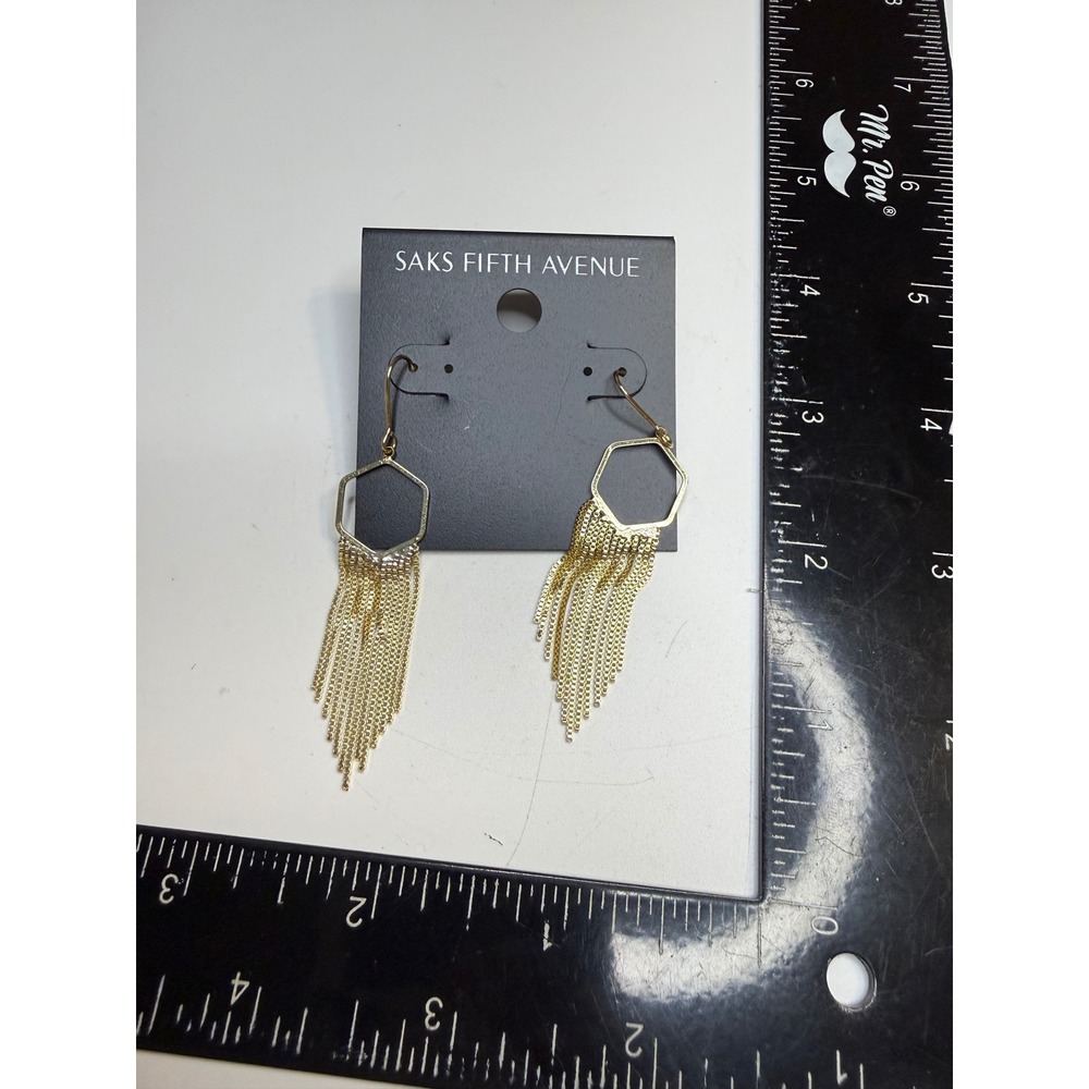 Saks Fifth Avenue Gold Tone Hexagon Fringe Chain Drop Dangle Earrings New